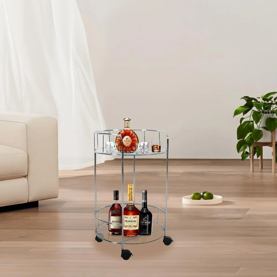 Carro de bar dorado rodante para el hogar 2 niveles para servir vino redondo con 4 ruedas y cerradura Foto 3 de 4