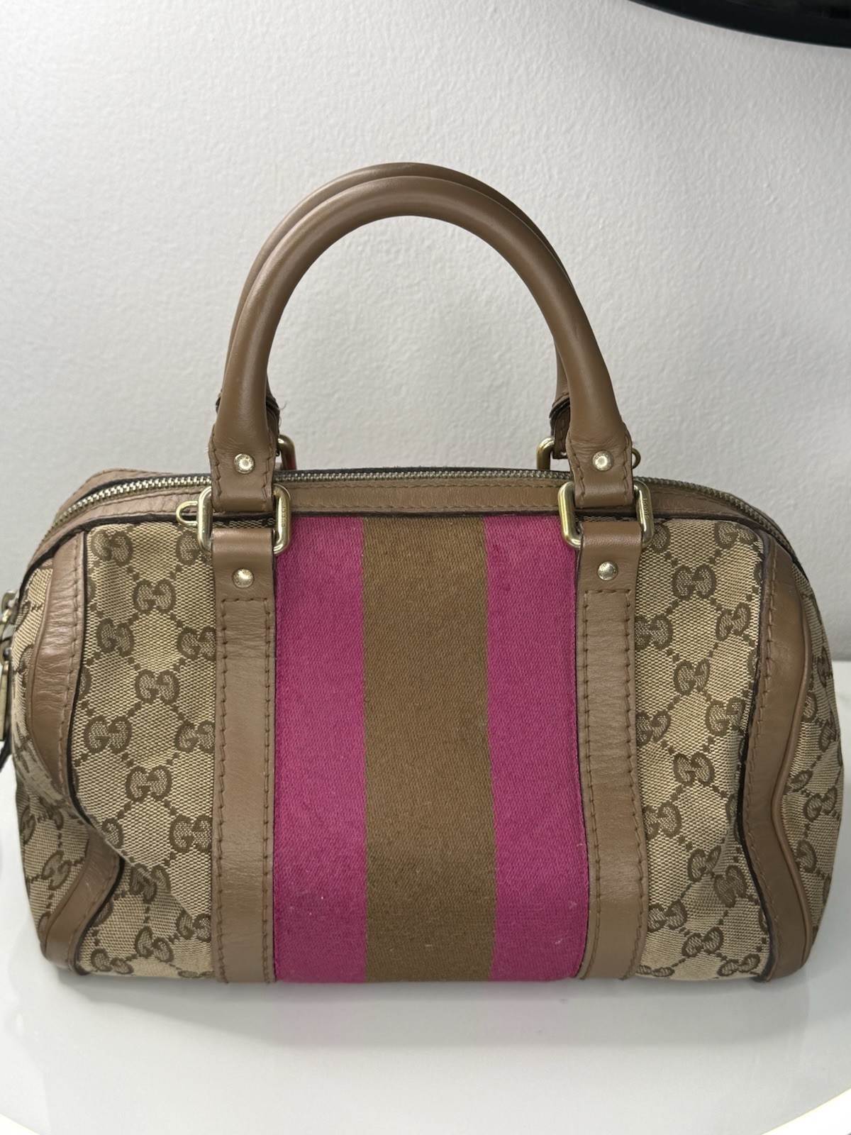 Gucci Vintage GG Canvas Joy Small Boston Bag with Pink and Brown Web Stripe image 2
