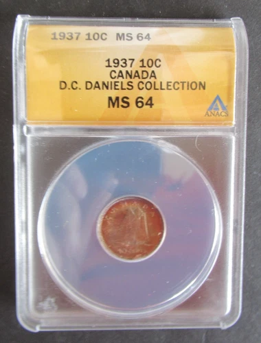 1937 SILVER 10 CENTS ANACS GRADED MS64 CANADIAN DIME