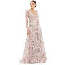 Mac Duggal Pink Embellished V Neck Illusion Long Sleeve A Line Gown NWT Size 14