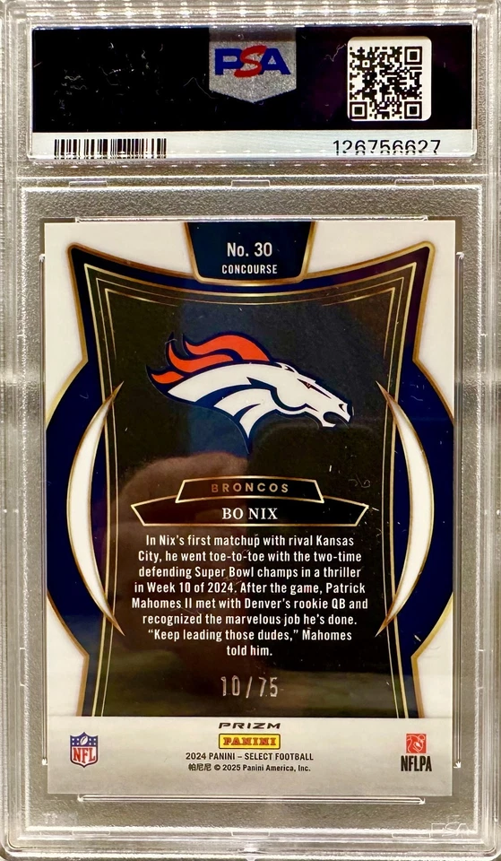 JERSEY # MATCH! Panini Select Bo Nix Purple Rookie 2024 10/75! PSA 9 BRONCOS! - Imagem 2 de 3