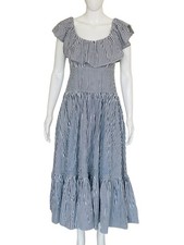 Ulla Johnson Women's Blue Gingham Stripe Ruffle Cotton Midi Gown Dress Size XS 0