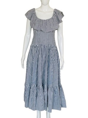 Ulla Johnson Damen Blau Kariert Gestreift Rüsche Baumwolle Midi Kleid Größe XS 0