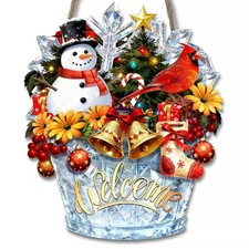 Welcome Sign for Front Door - Winter Porch Snowman Decor with Farmhouse Chris...