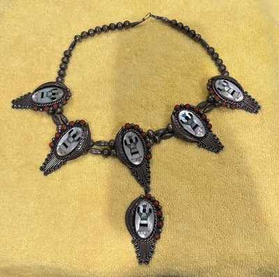 VTG 925 NATIVE AMERICAN SQUASH  NECKLACE MULTI STONE RED CORAL INLAY R. H. BEGAY