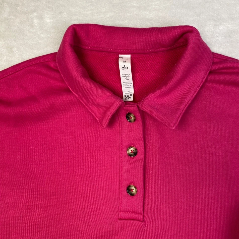 Alo Yoga Cropped Polo Sweatshirt Bright Pink Long Sleeve Pullover Women's M - Image 2 of 4