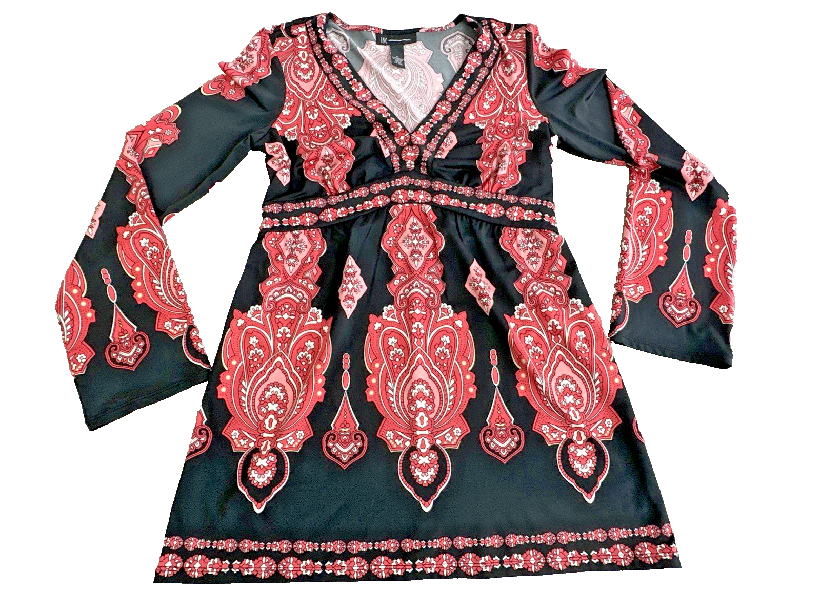 INC Women's Y2K Festival Boho Hippie Paisley Print Flare Sleeve Tunic Size M