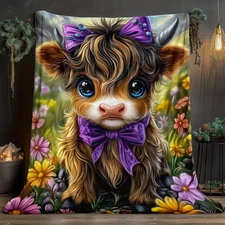 Highland Cow with Purple Bow Floral Fleece Throw Blanket - Soft, Warm Blanket