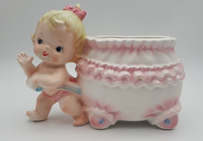 Vintage Kitschy RELPO Japan Baby Girl Blonde Pulling Wagon Ruffles Planter Vase