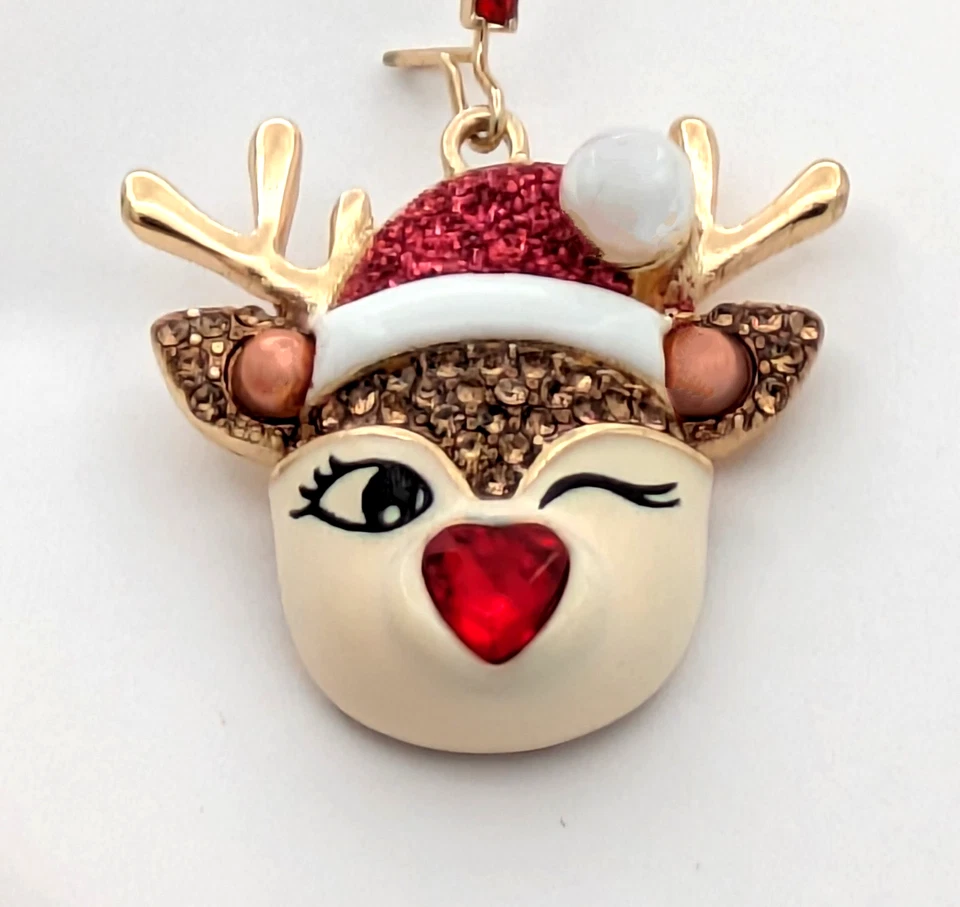 Pendientes colgantes Betsey Johnson vacaciones Navidad guiñando un ojo reno con nariz corazón rojo Foto 2 de 2