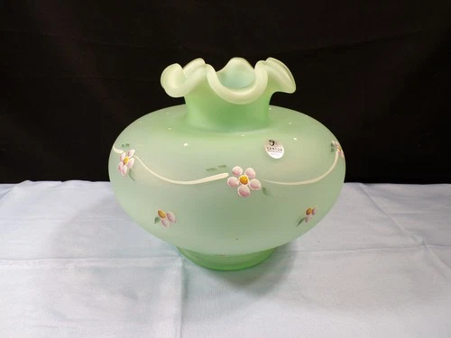 Fenton Satin Green Glass Hand Painted Vase Purplish Whitish Floral Design