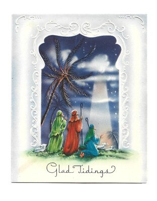 Vtg Christmas Card Embossed Shepherds Star Bethlehem Palms 1940's Env