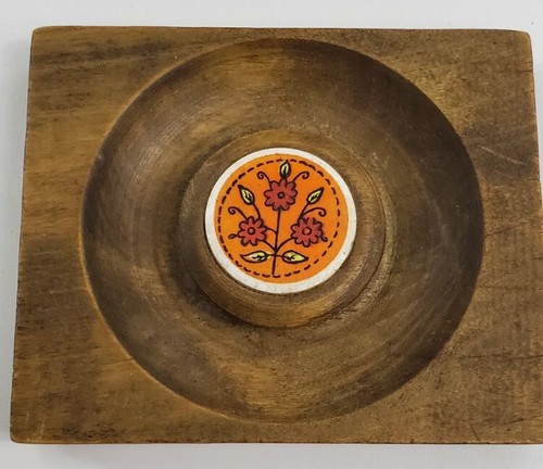 Vintage Wooden Cannister With Plastic Insert Floral Pattern Orange Yellow - Picture 7 of 10