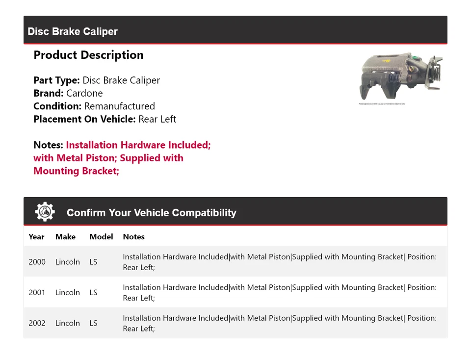Pinza de freno de disco trasera izquierda Cardone 2001 para Lincoln LS 2000-2002 Foto 2 de 4