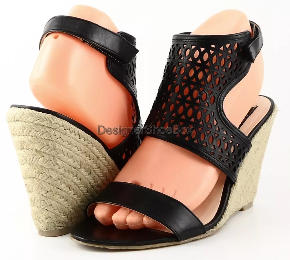 99 BOUTIQUE 9 VIOLANDA Black Leather Designer Espadrille Wedge Sandals 8.5