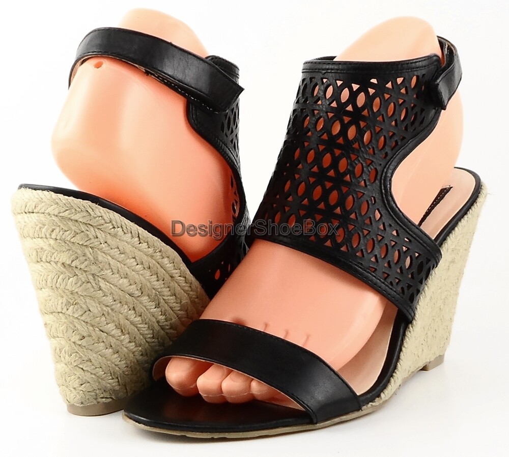 $99 BOUTIQUE 9 VIOLANDA Black Leather Designer Espadrille Wedge Sandals 8.5  740367699737 | eBay