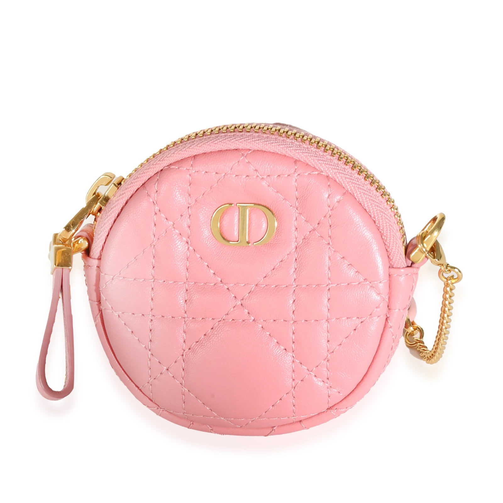 Mini pochette ronde chaîne caro Christian Dior rose cannage peau d'agneau