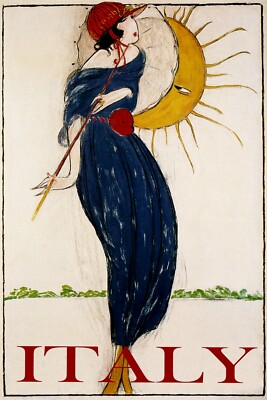 Summer In Italy Sun Flirting With Woman Umbrella Vintage Poster Repro FREE S/H