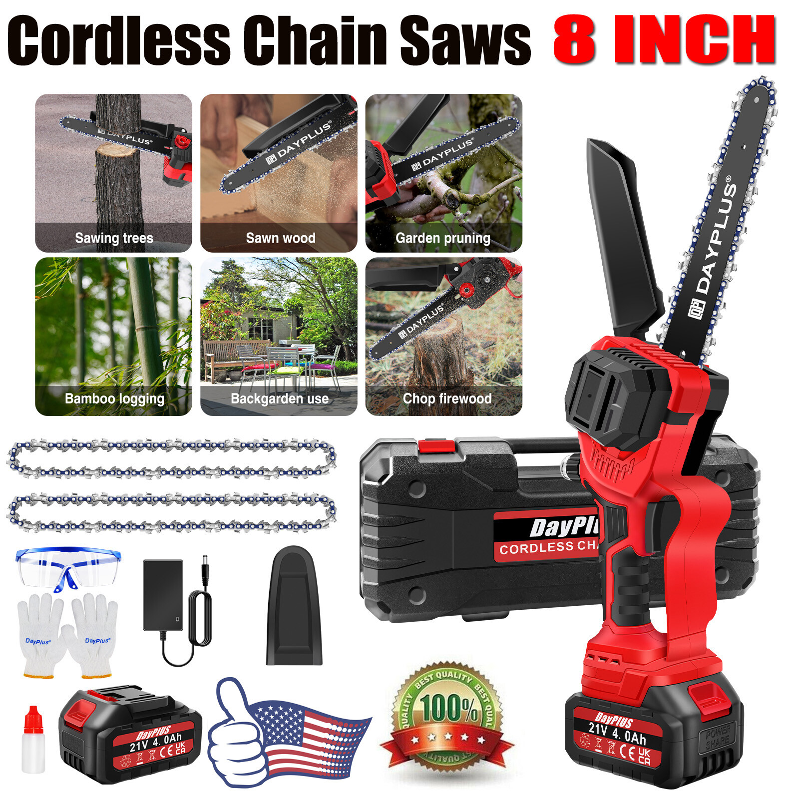 8-Inch Cordless Electric Chainsaw with 4.0Ah Battery and Charger