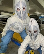 Rhinestone Skeleton Fashion Gothic Men Women White Hoodie Sweatshirt Zip Jacket