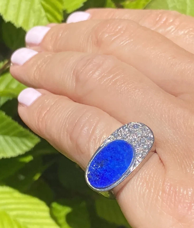 Anillo de silla de cóctel modernista de diamantes lapislázuli de oro blanco macizo de 18 quilates 4,75 Foto 4 de 4