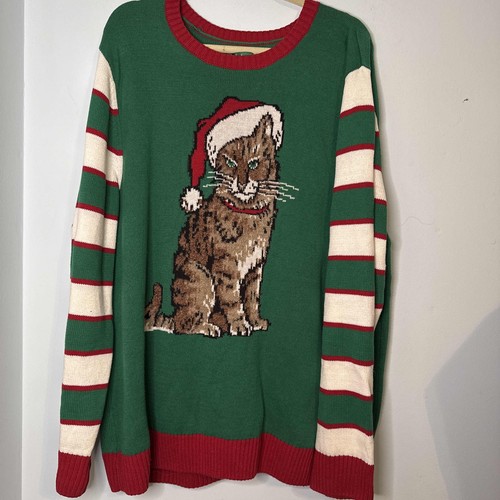 Ugly Christmas Sweater Calico Cat with Santa Hat -Green White & Red Striped 3XB