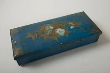 Small Toleware Double Hinged Box (F1L) Blue w/Flowers Some Pitting Card Holder