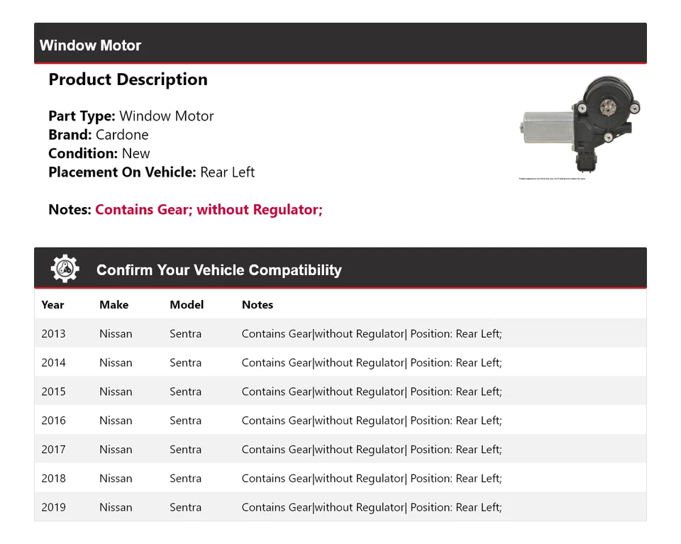 Motor ventana trasero izquierdo cardone para Nissan Sentra 2013-2019 2014 2015 2016 2017 Foto 2 de 4