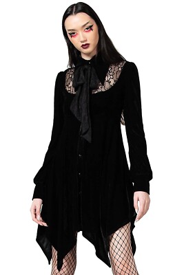 Killstar Gothic Goth Vintage Samt Minikleid Hemdkleid - Nymyra Schwarz
