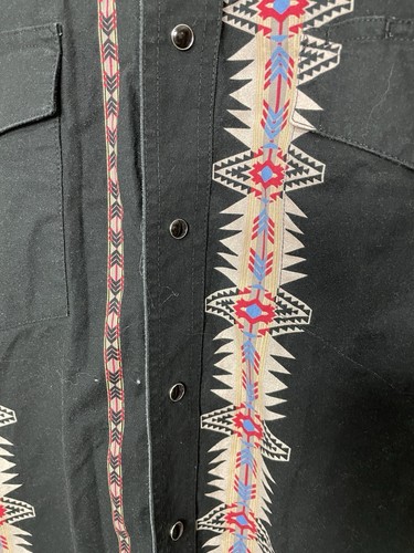 VTG Wrangler Western Shirt Large Black Aztec Pearl Snap Rodeo Southwest Checotah - Picture 8 of 9