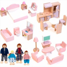 Kizfarm Wooden Dollhouse Furniture Set with 4 Family Dolls, 26 Pcs 1:12 Scale