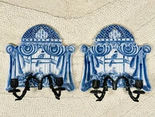 Rare Maitland Smith Pair Of Handmade Wall Candle Sconces Blue White Chinoiserie