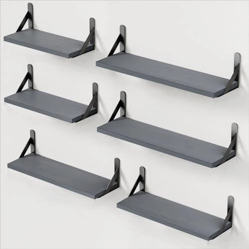 AMADA HOMEFURNISHING WALL SHELVES SET OF 6 RUSTIC FARMHOUSE WOOD FLOATING