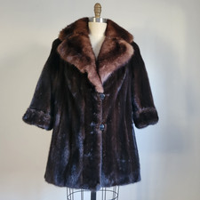 DONALD BROOKS DEEP BROWN GLOSSY GENUINE MINK FUR COAT w/HUGE SABLE FUR COLLAR