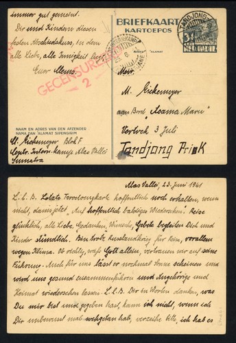 1941 Niederländisch Ostindien Brief 3,5c Tangjong Red Censor Handstamp WWII