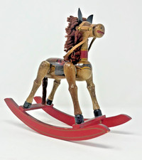Wooden Rocking Horse Decoration. 11 inches tall with Leather Ears and Yarn Hair