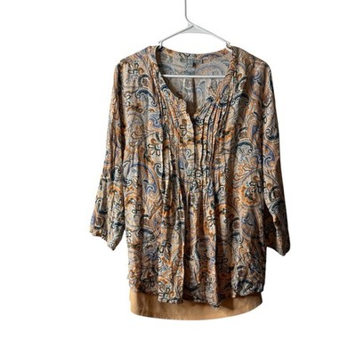 Daniel Rainn Stitch Fix Orange Paisley Pintuck Popover Blouse Size Large