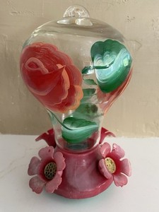 Hand Painted 8" glass Hummingbird Feeder Red Pink Green Roses with 4 Feeders