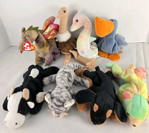 Vintage Beanie Babies- Lot Of 8 Includes Scoop, Neon, Sammy Doby,Stretch, Silver