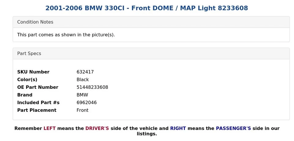 2001-2006 BMW 330CI - передний купольный фонарь / карта 8233608 - Изображение 4 из 4