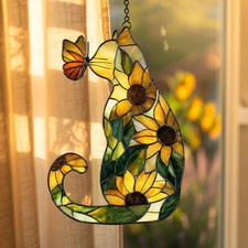 Sunflower Cat Stained Glass Suncatcher, Floral Cat Window Hanging Gift
