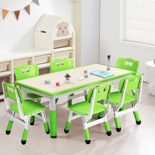Height Adjustable Kids Study Desk and 6 Chair Set Table with Graffiti Desktop