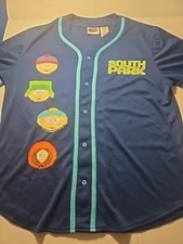 SOUTH PARK Baseball Jersey Short Sleeve Button Up Blue Size Large Cartman