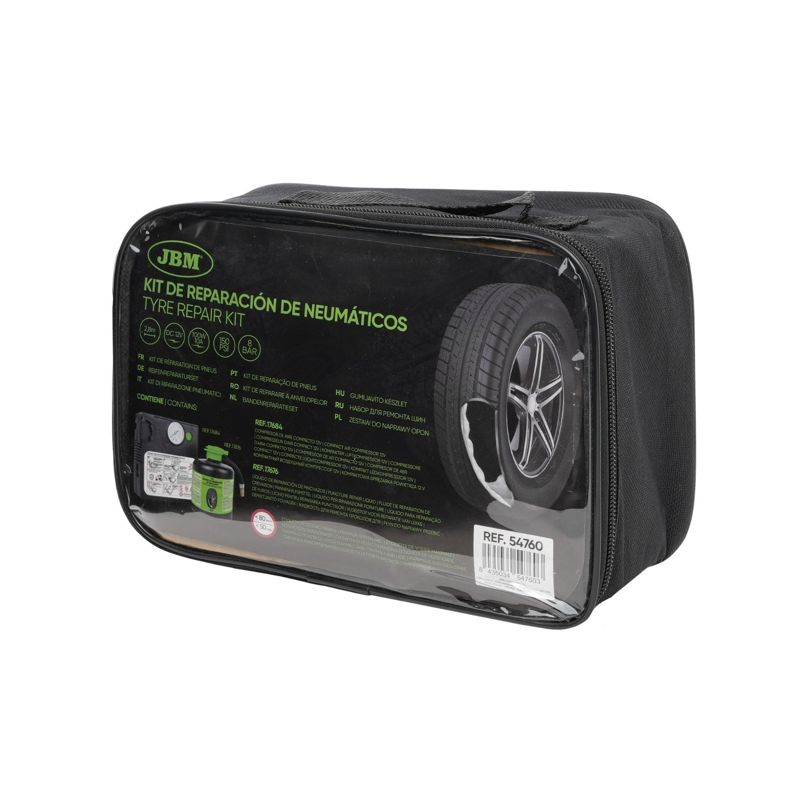KIT DI RIPARAZIONE PNEUMATICI LIQUIDO SIGILLANTE E COMPRESSORE D'ARIA 54760 JBM foto 2