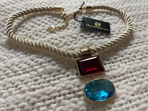 House of Harlow Glass Gemstone Pendant Necklace, Silk Rope Cord