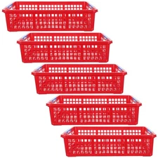  5pcs Stackable Plastic Basket - Red Desk Organizer With Handles For A4 Paper