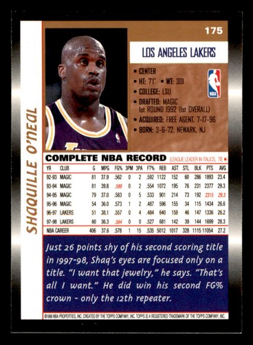 1998-99 Topps #175 Shaquille O'Neal (ref 232568) - Picture 2 of 2