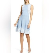 NEW ELIZA J FLORAL BORDER KNIT FIT & FLARE MINIDRESS IN BLUE sz M