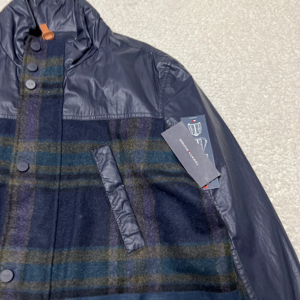 Tommy Hilfiger Chaqueta Hombre Grande Azul Marino Tartán Cuadros Lana Abrigo Ligero Cremallera Completa Foto 4 de 4