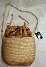 KEN DONE DESIGNER STRAW PURSE HANDBAG BEACH BAG W/ VINYL DRAWSTRING INSERT 822